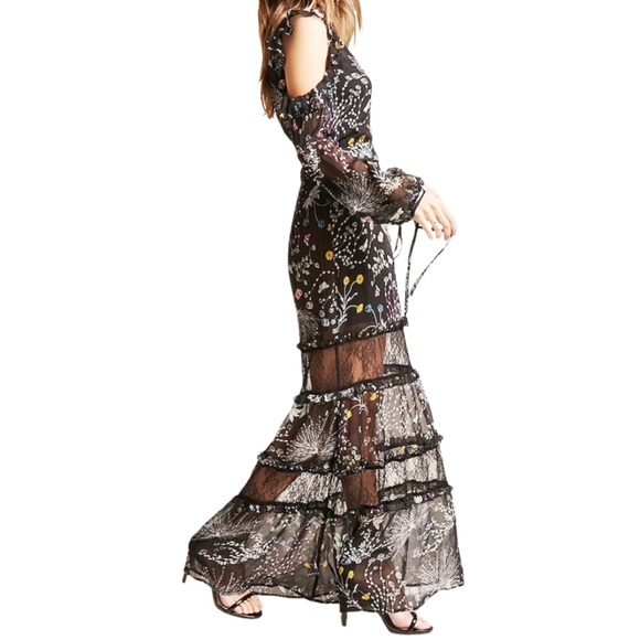 NWT Black & Floral Maxi Dress By Dark Pink With Ruffles And Lace Size Medium - Picture 2 of 11